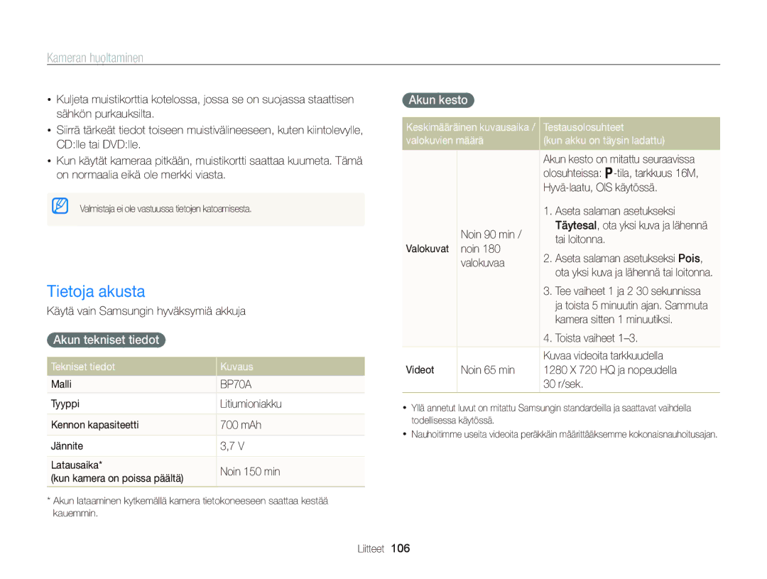 Samsung EC-PL170ZFPSE2, EC-PL170ZBPBE2, EC-PL170ZFPLE2, EC-PL170ZFPBE2 Tietoja akusta, Akun tekniset tiedot , Akun kesto  